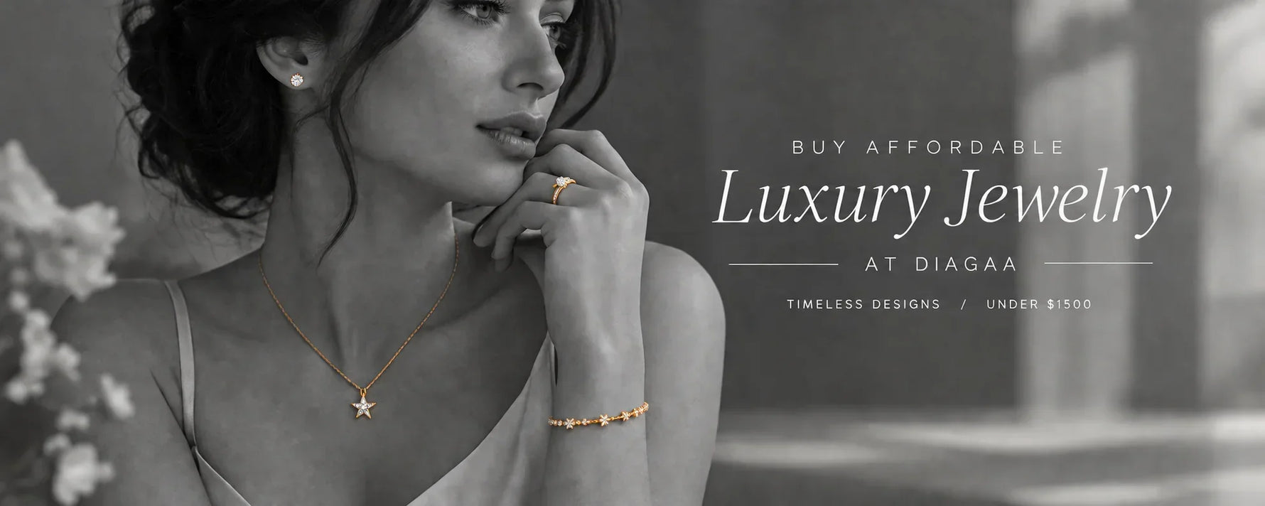 Affordable Luxury Jewelry, Women wearng a matuching earring, ring, bracelet and necklace, the theme if the image is monochrome, jewelries are highlighted in color