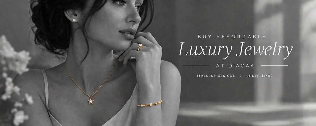 Affordable Luxury Jewelry, Women wearng a matuching earring, ring, bracelet and necklace, the theme if the image is monochrome, jewelries are highlighted in color