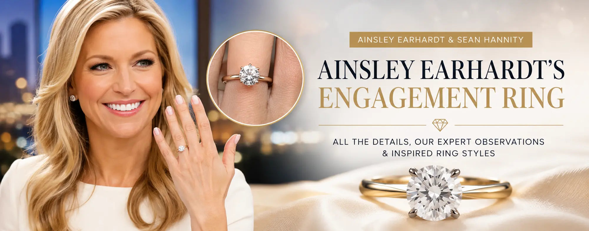 Ainsley Earhardt smiling and displaying her engagement ring beside Sean Hannity, featuring a close-up of a round diamond solitaire ring in a blog banner about their engagement.
