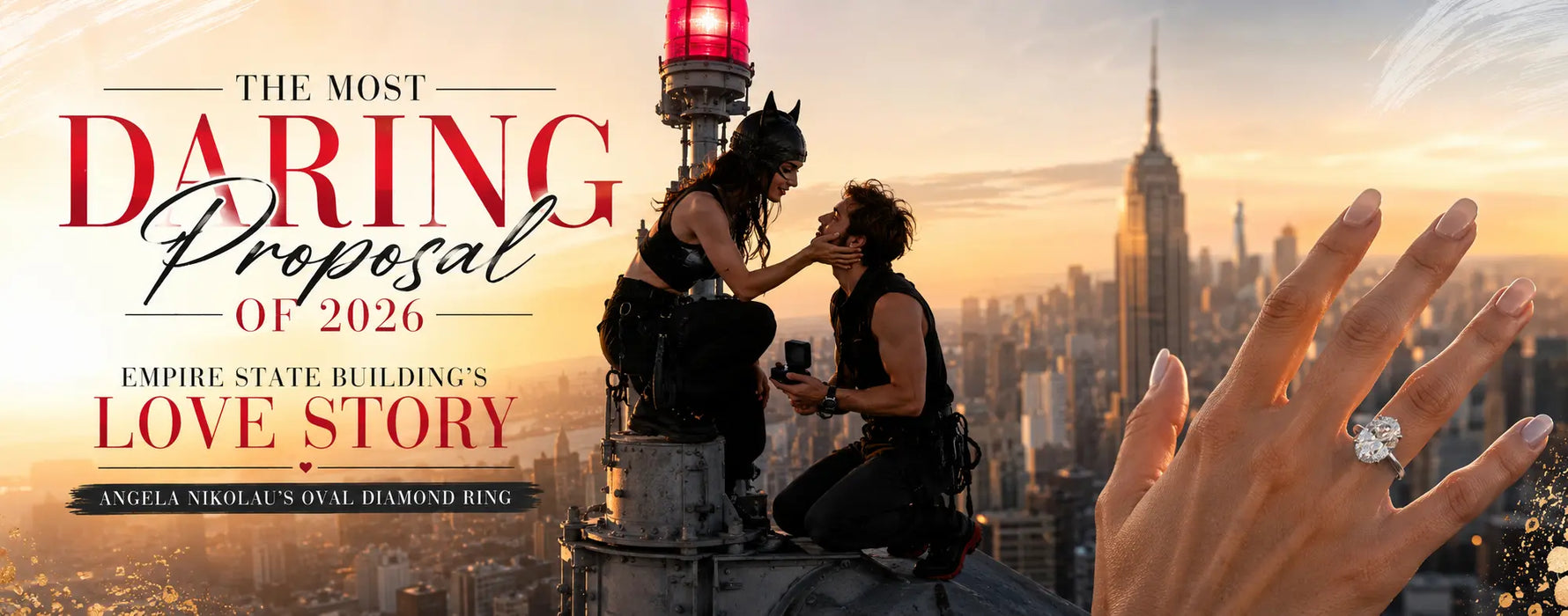 Angela Nikolau's oval diamond engagement ring during the daring Empire State Building proposal in 2026 with the New York City skyline in the background.