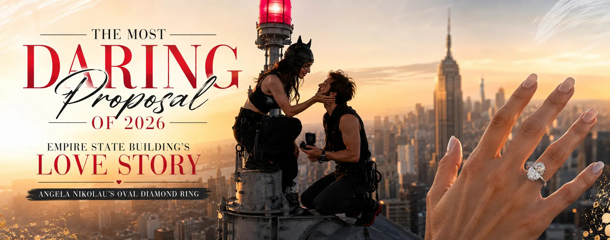 Angela Nikolau's oval diamond engagement ring during the daring Empire State Building proposal in 2026 with the New York City skyline in the background.