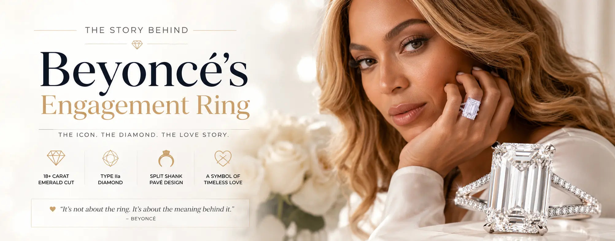 Beyoncé engagement ring hero image featuring a portrait of Beyoncé alongside her iconic emerald-cut diamond engagement ring with split-shank pavé band, highlighting the famous Lorraine Schwartz design and rare Type IIa diamond.