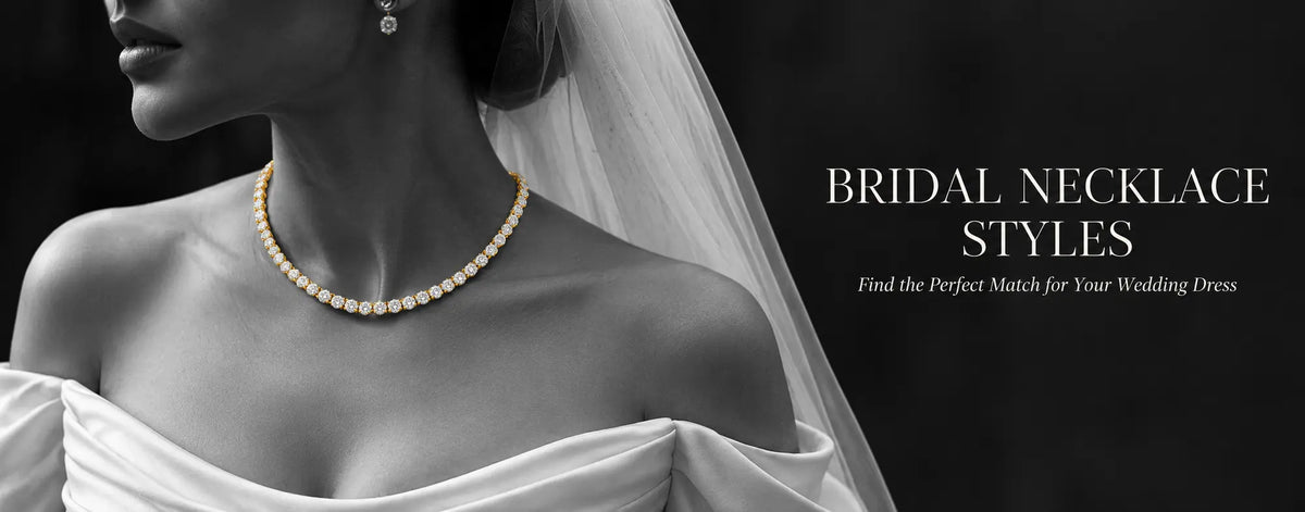 Bride wearing a gold and diamond tennis necklace with an off-the-shoulder wedding dress, highlighted in color against a black-and-white bridal portrait.