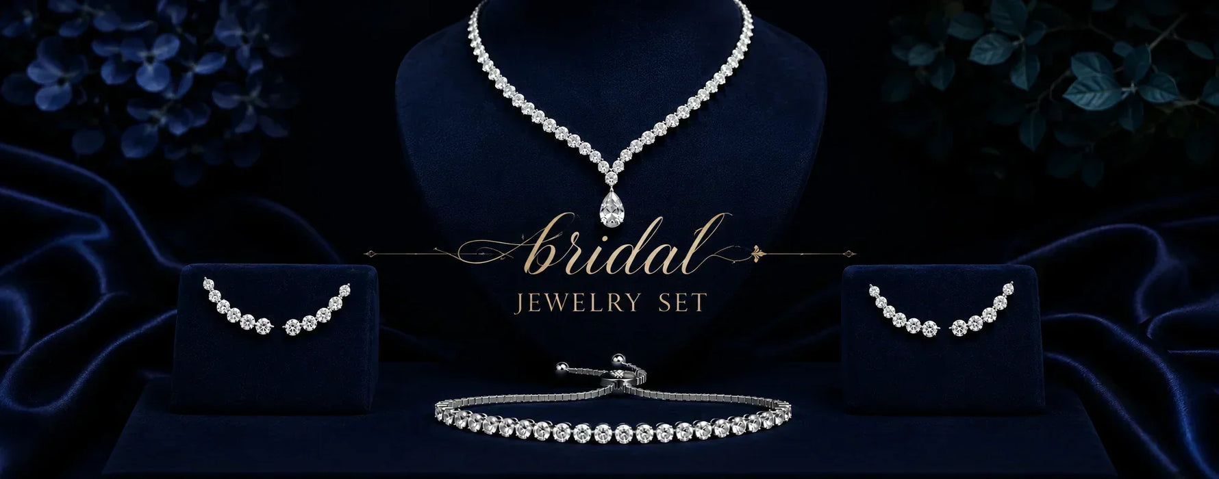Luxury bridal jewelry set hero banner featuring a diamond tennis necklace, matching curved earrings, and tennis bracelet displayed on navy velvet with an elegant bridal jewelry set title for a wedding jewelry guide.