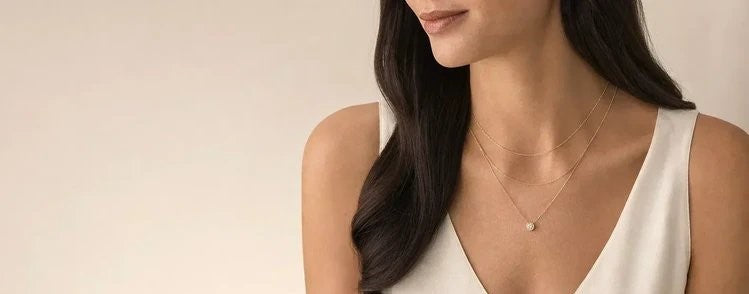 A woman in sleeveless top with v-neck collar wearing three layered necklaces, each lieing at two inches distance on the neck