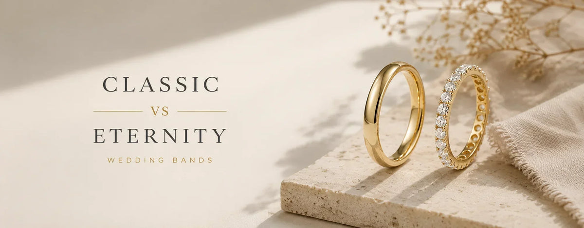 Classic wedding band and Diamond eternity wedding band demonstrated in pastel theme