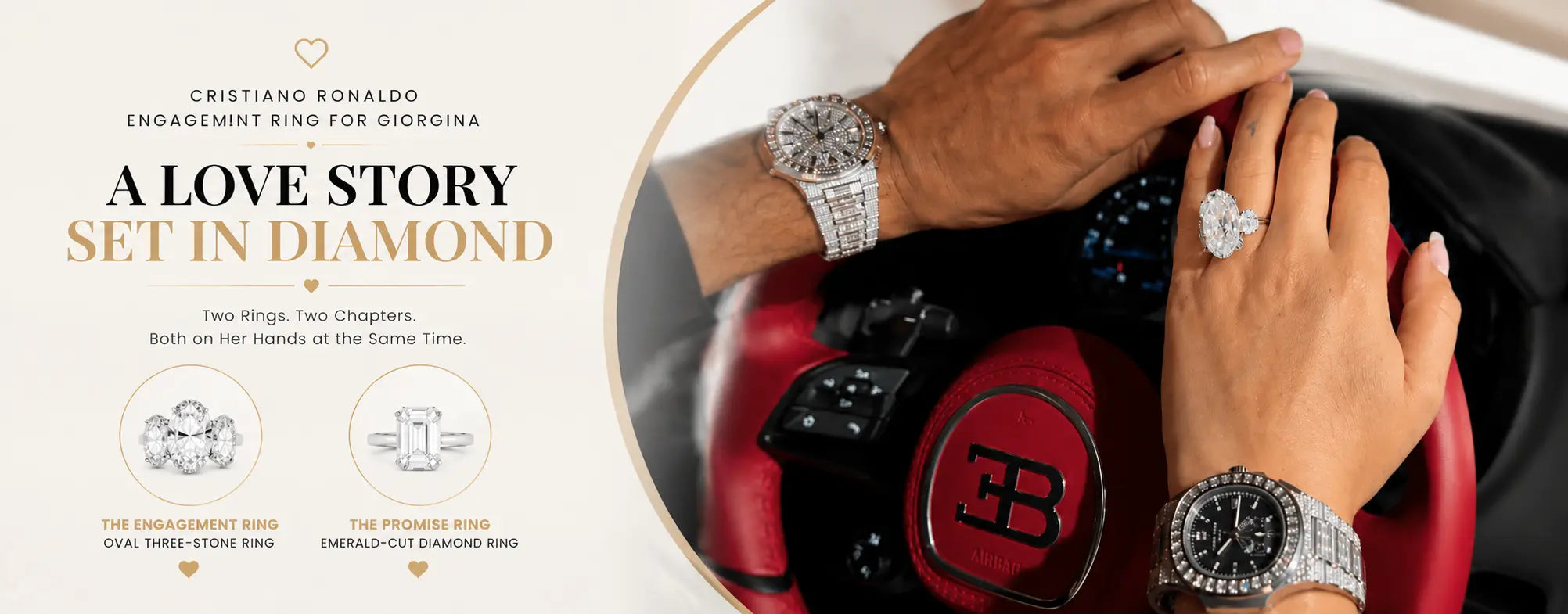 Cristiano Ronaldo engagement ring for Georgina Rodríguez hero image featuring her iconic three-stone oval diamond engagement ring, emerald-cut promise ring, luxury Bugatti steering wheel, and elegant editorial jewelry design.