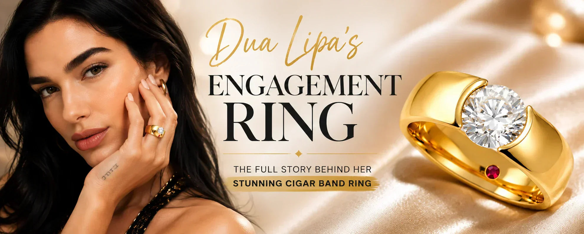Dua Lipa engagement ring featuring a wide 18k yellow gold cigar band with a round diamond in a half-bezel setting alongside a portrait of Dua Lipa.