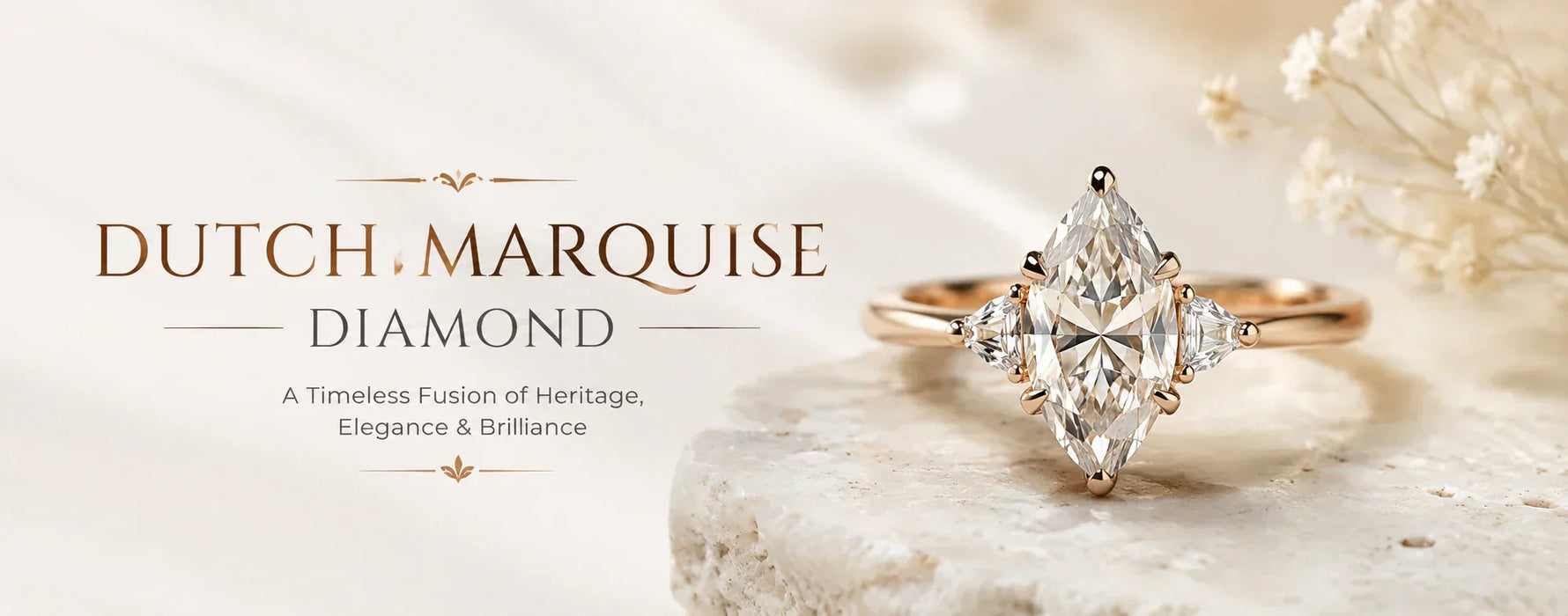 Luxury Dutch marquise diamond engagement ring in yellow gold featuring a distinctive elongated Dutch marquise cut with exceptional brilliance, displayed on a neutral stone surface against an elegant light background.