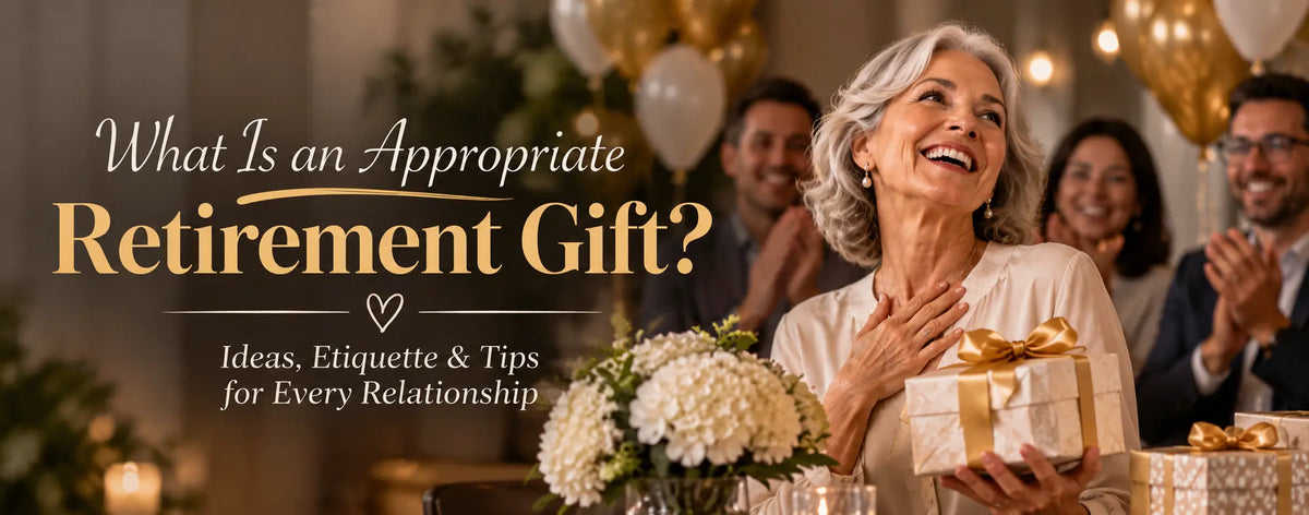 Retirement party celebration featuring a happy retiree holding a wrapped gift as friends applaud, with elegant gold balloons and decorations. Banner reads “What Is an Appropriate Retirement Gift? Ideas, Etiquette & Tips for Every Relationship