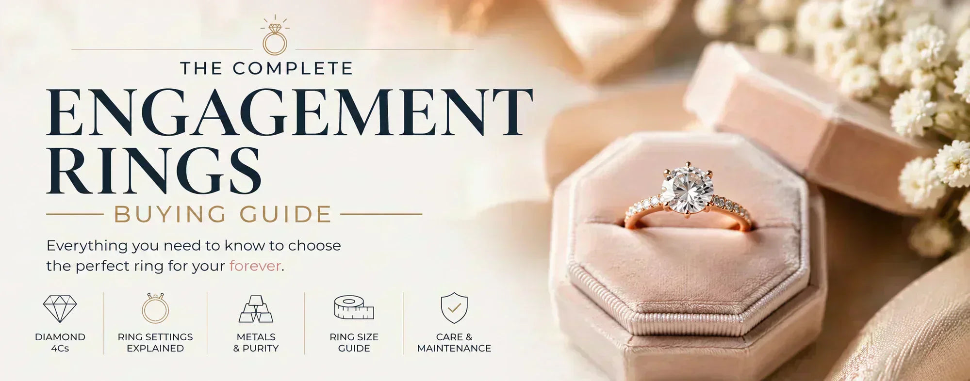 Elegant diamond engagement ring in a blush velvet ring box with engagement ring buying guide typography, showcasing diamond settings, metals, ring sizing, and engagement ring selection tips.