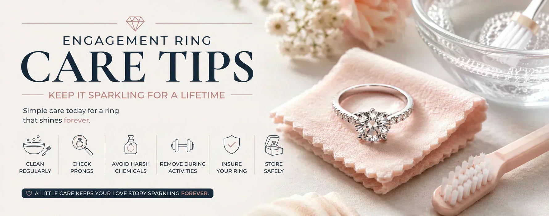 Diamond engagement ring on a soft jewelry cleaning cloth beside a bowl of cleaning solution and brush, illustrating engagement ring care, cleaning, maintenance, and jewelry protection tips.
