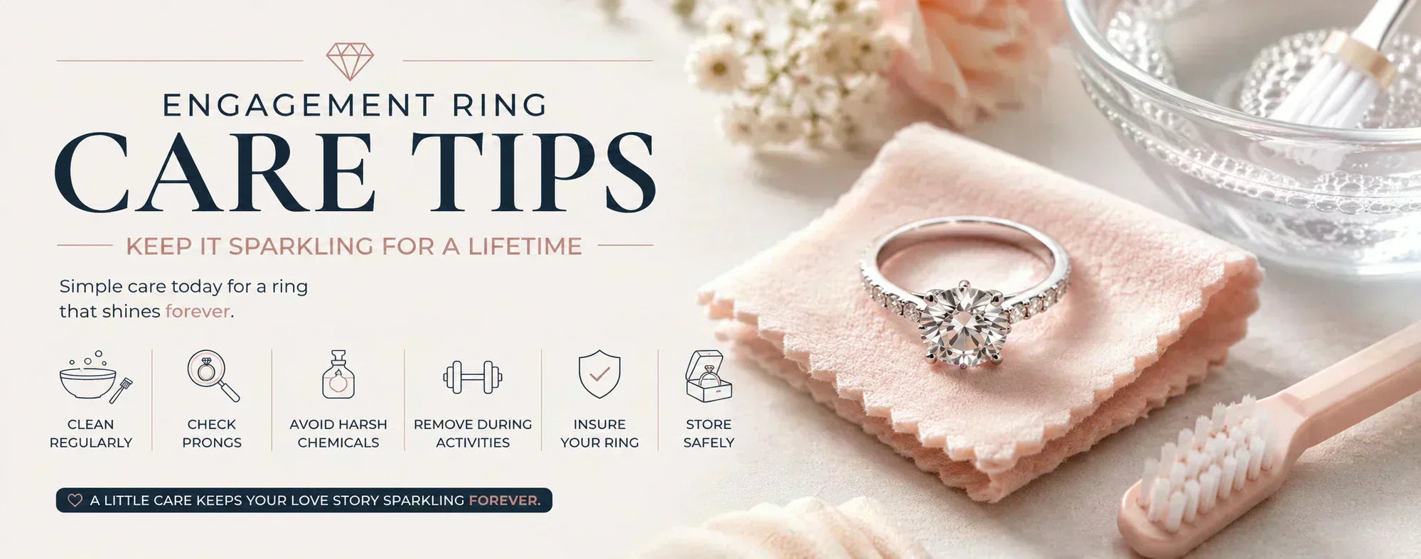 Diamond engagement ring on a soft jewelry cleaning cloth beside a bowl of cleaning solution and brush, illustrating engagement ring care, cleaning, maintenance, and jewelry protection tips.
