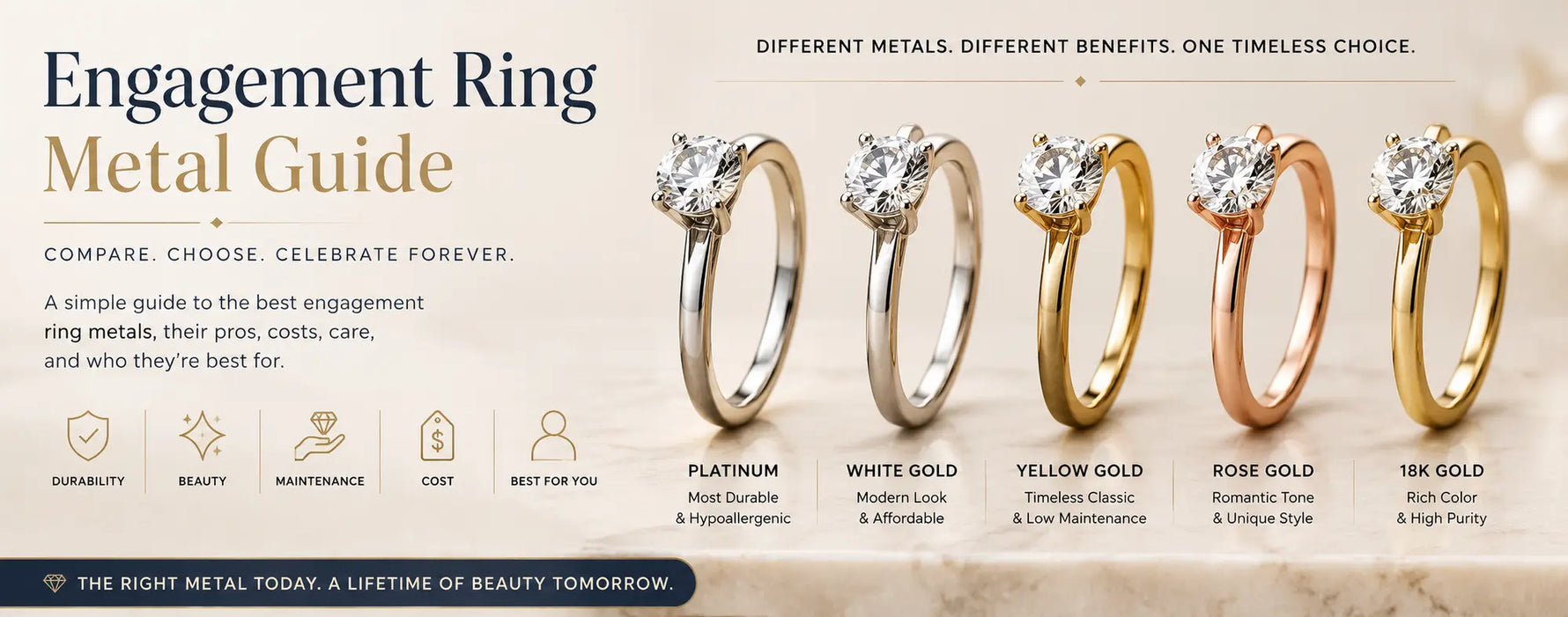Four engagement rings in platinum, white gold, yellow gold, and rose gold displayed side by side