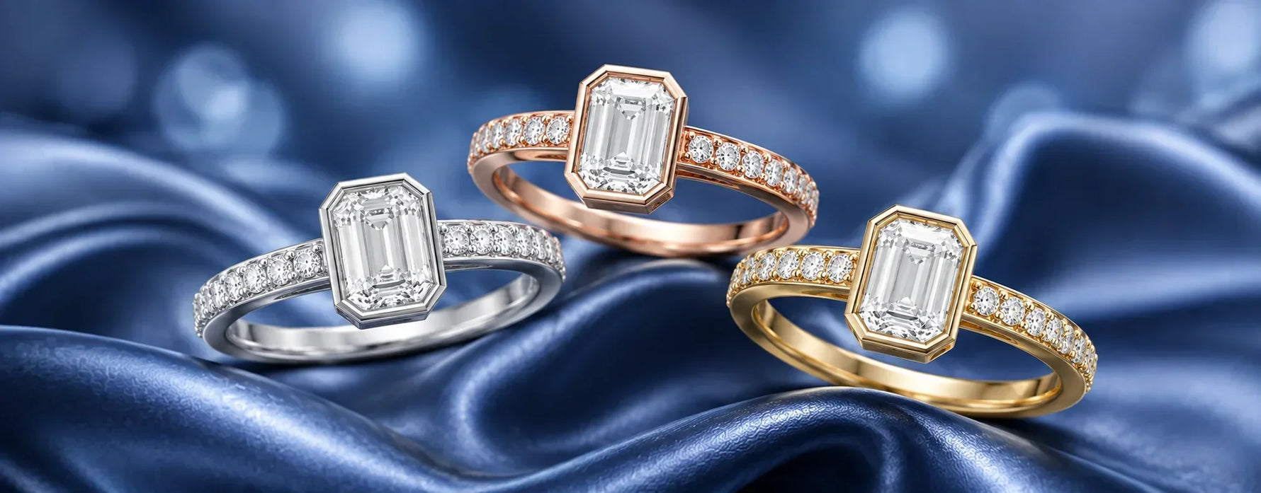 Luxury engagement ring metals comparison featuring emerald cut diamond rings in white gold, rose gold, and yellow gold on a blue satin background, showcasing different metal options for engagement rings.