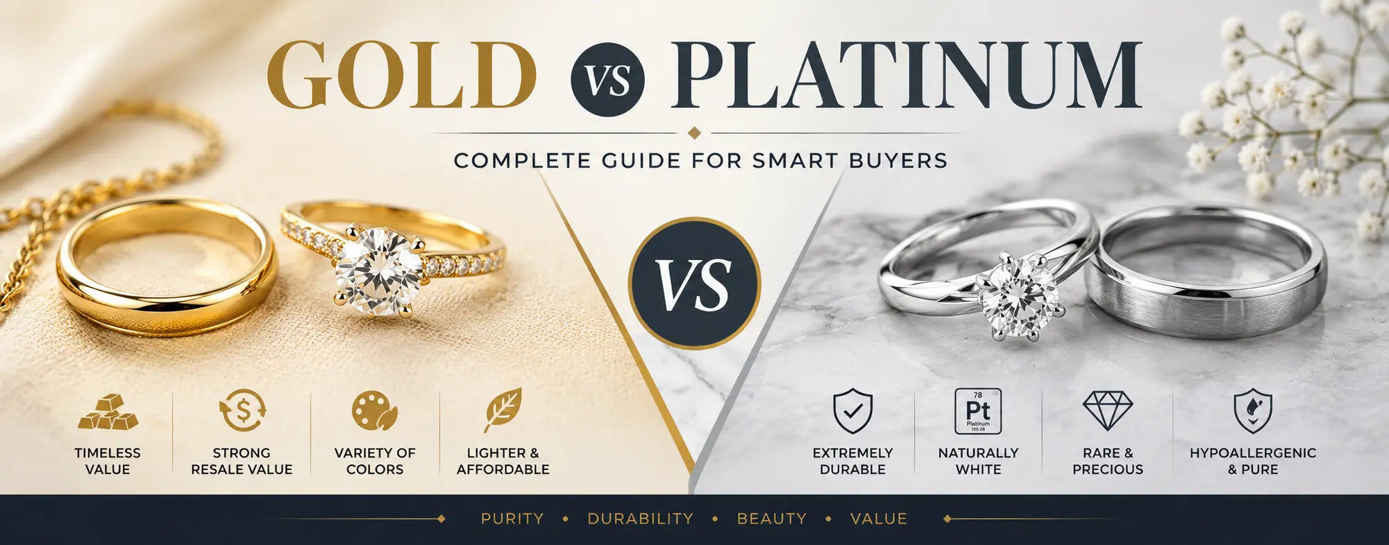 Gold vs platinum engagement rings comparison featuring yellow gold and platinum solitaire rings and wedding bands side by side, highlighting differences in durability, purity, appearance, resale value, and overall jewelry buying considerations.