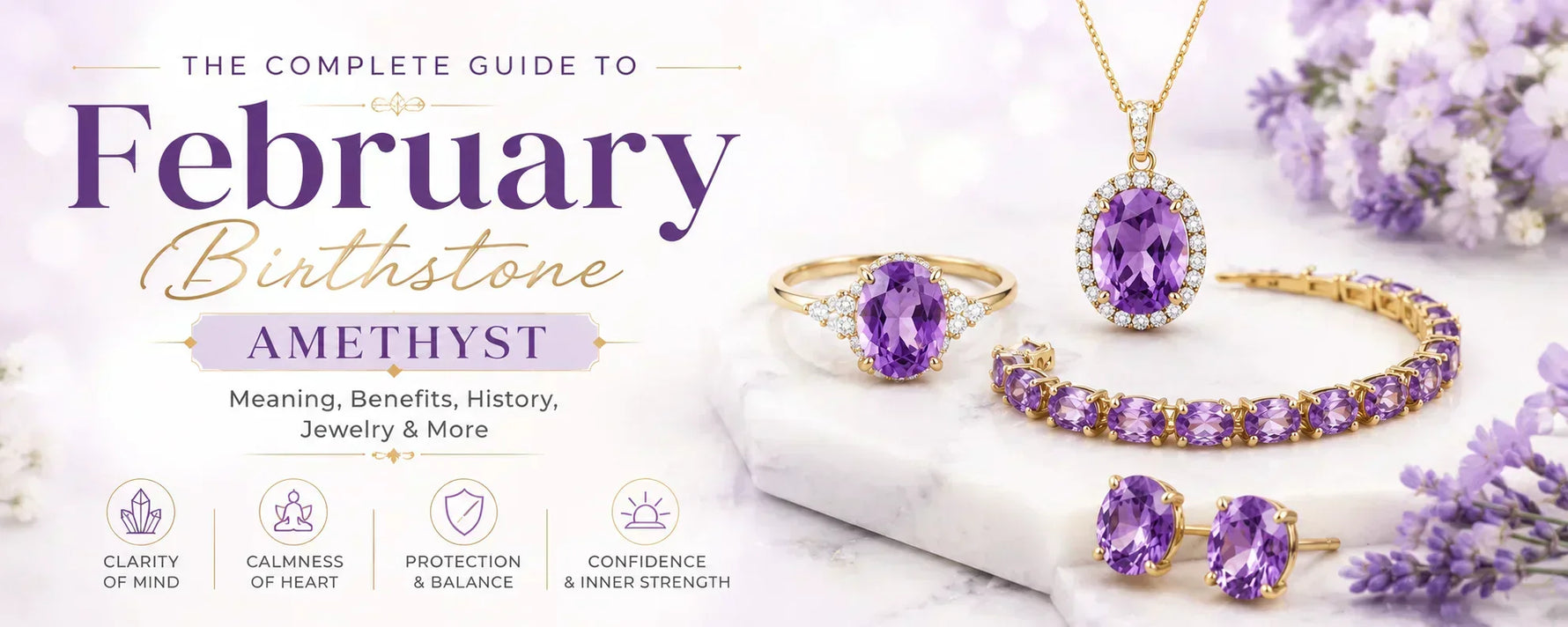Elegant February Birthstone Amethyst Hero Banner with Purple Gemstone Jewelry and Luxury Design