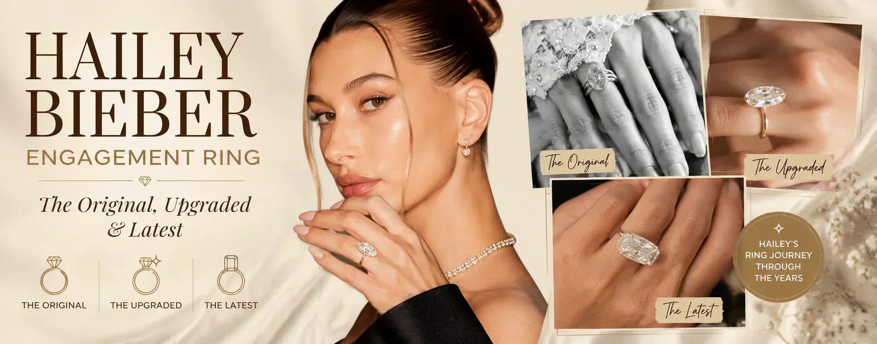 Hailey Bieber engagement ring guide featuring her original oval solitaire, upgraded elongated oval diamond ring, and latest ring designs in a luxury collage banner