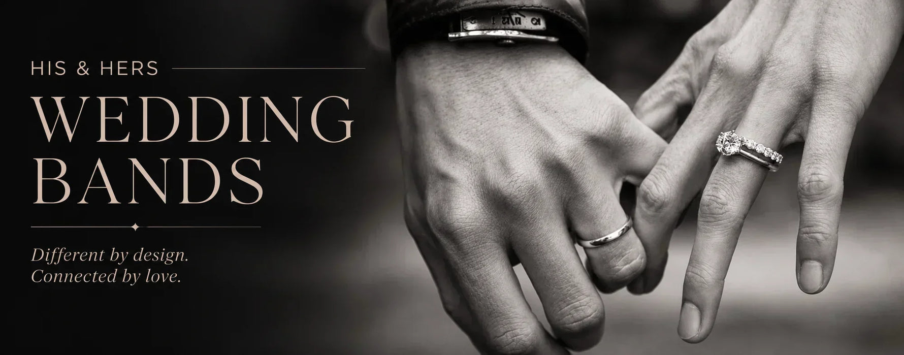His and hers wedding bands featuring complementary men's and women's rings on intertwined hands
