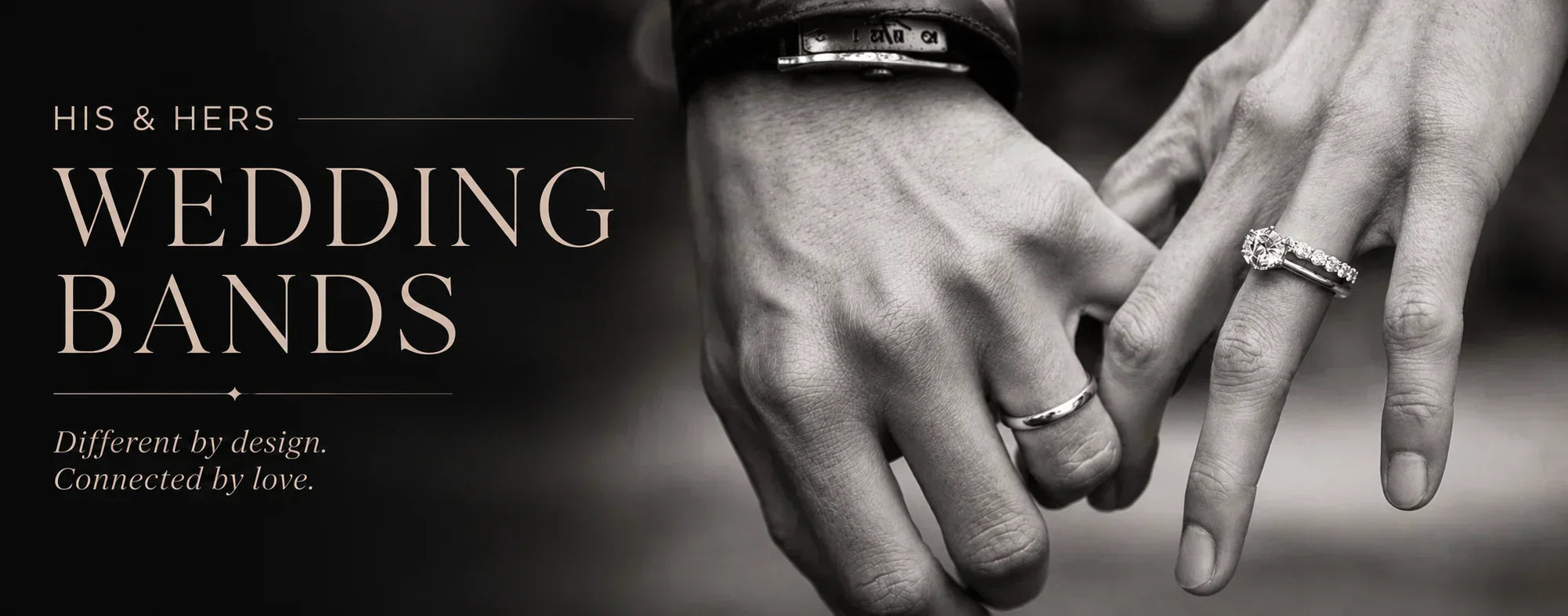 His and hers wedding bands featuring complementary men's and women's rings on intertwined hands