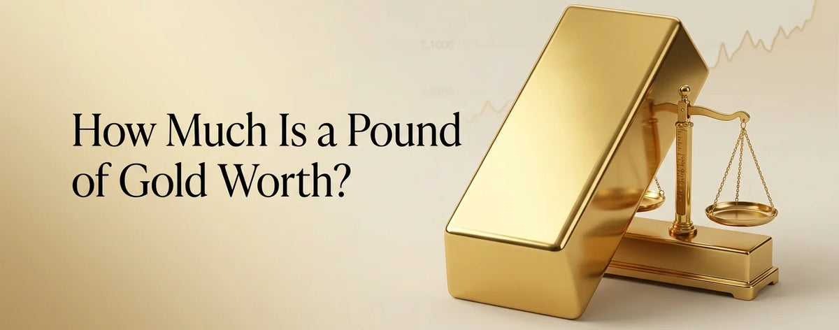 A polished 24K gold bullion bar and a delicate gold balance scale set against a warm champagne and beige background with subtle financial chart markings, featuring the title text "How Much Is a Pound of Gold Worth?"