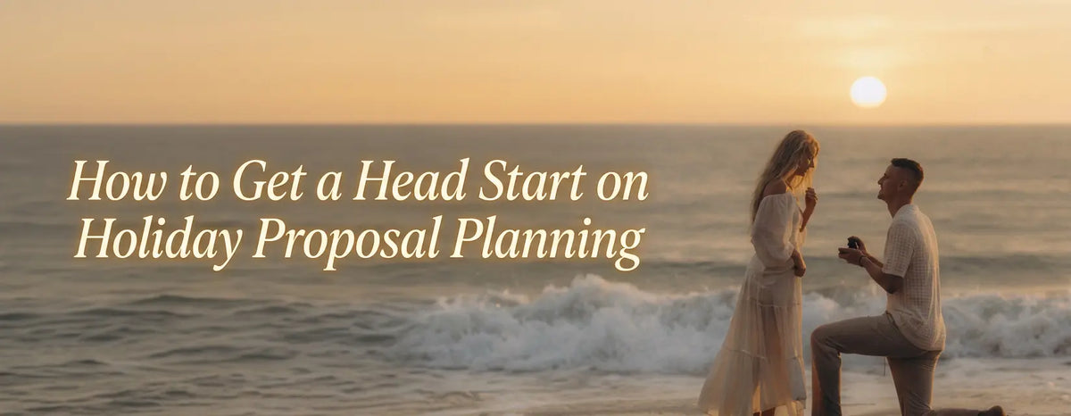 Man kneeling with a ring box as a smiling woman in a white dress reacts, during a golden-hour beach proposal