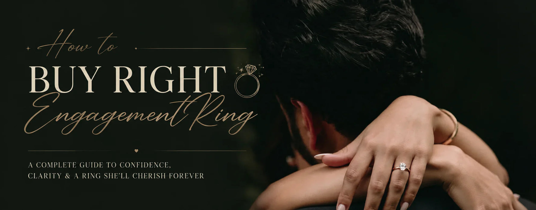 Couple embracing with a solitaire diamond engagement ring and the heading "How to Buy the Right Engagement Ring.