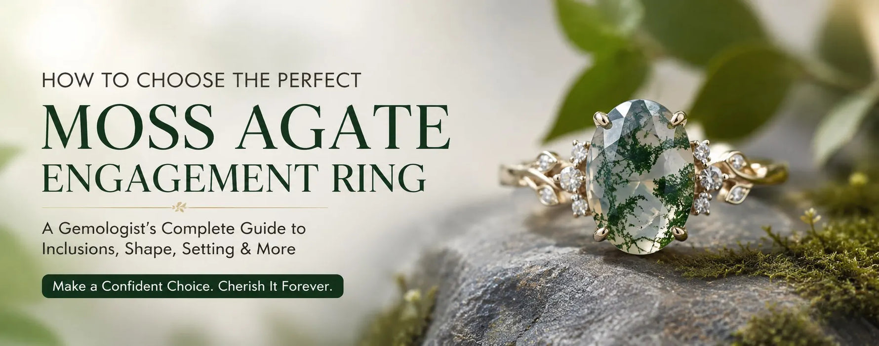 Moss agate engagement ring guide featuring an oval moss agate gemstone with green dendritic inclusions set in a yellow gold nature-inspired engagement ring.