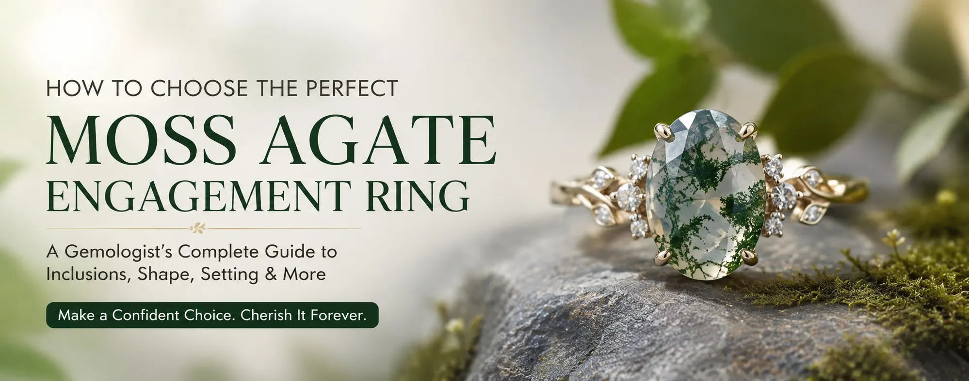 Moss agate engagement ring guide featuring an oval moss agate gemstone with green dendritic inclusions set in a yellow gold nature-inspired engagement ring.