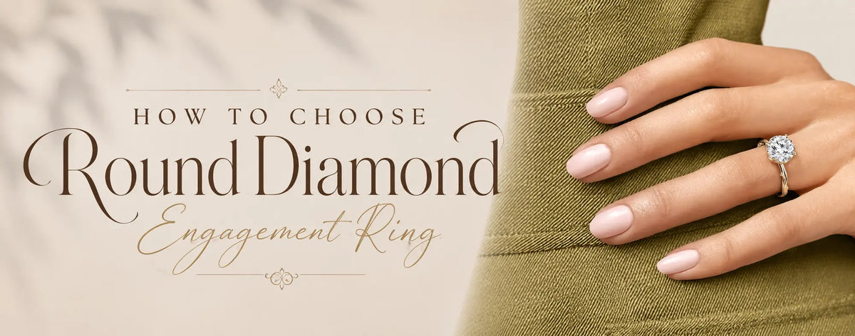 Woman wearing a round diamond solitaire engagement ring on her finger with the title "How to Choose Round Diamond Engagement Ring" on a luxury beige background.
