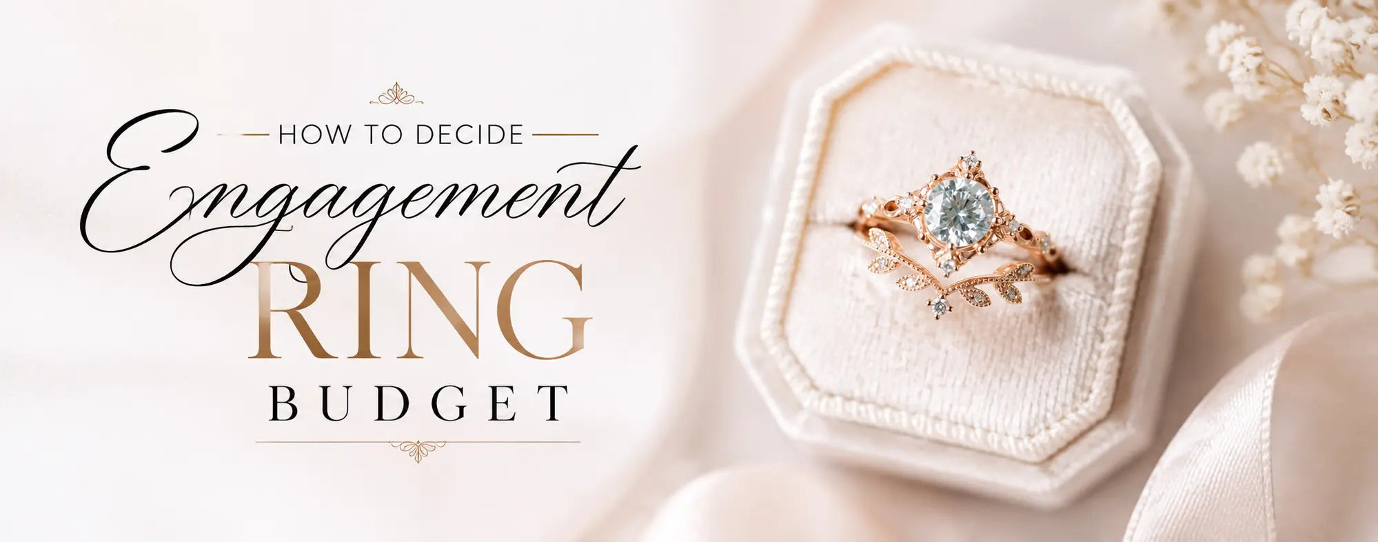Elegant engagement ring budget guide featuring a diamond engagement ring with the text "How to Decide Engagement Ring Budget."