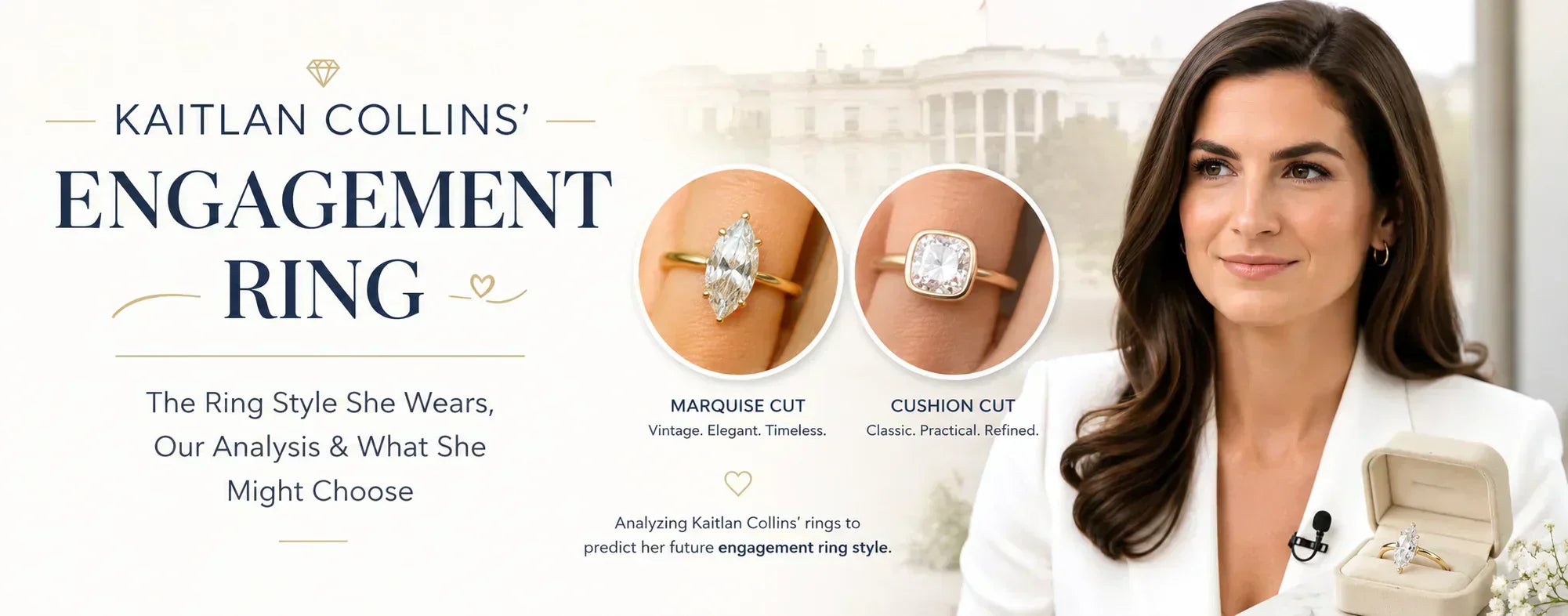 Kaitlan Collins engagement ring style analysis featuring marquise and cushion cut diamond rings in yellow gold