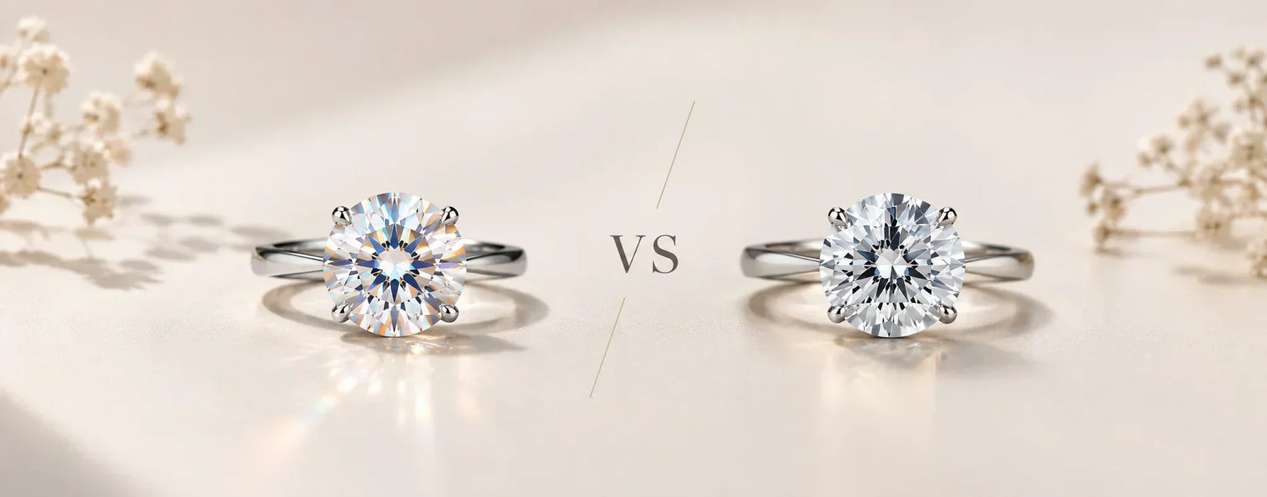 Moissanite vs. lab-grown diamond comparison showing two round solitaire engagement rings side by side, highlighting the colorful sparkle of moissanite and the classic brilliance of a lab-grown diamond on a minimal background.
