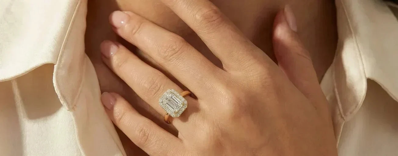 Lab-Grown Diamond and Natural Diamond, Emerald Cut Halo Engagement Ring 