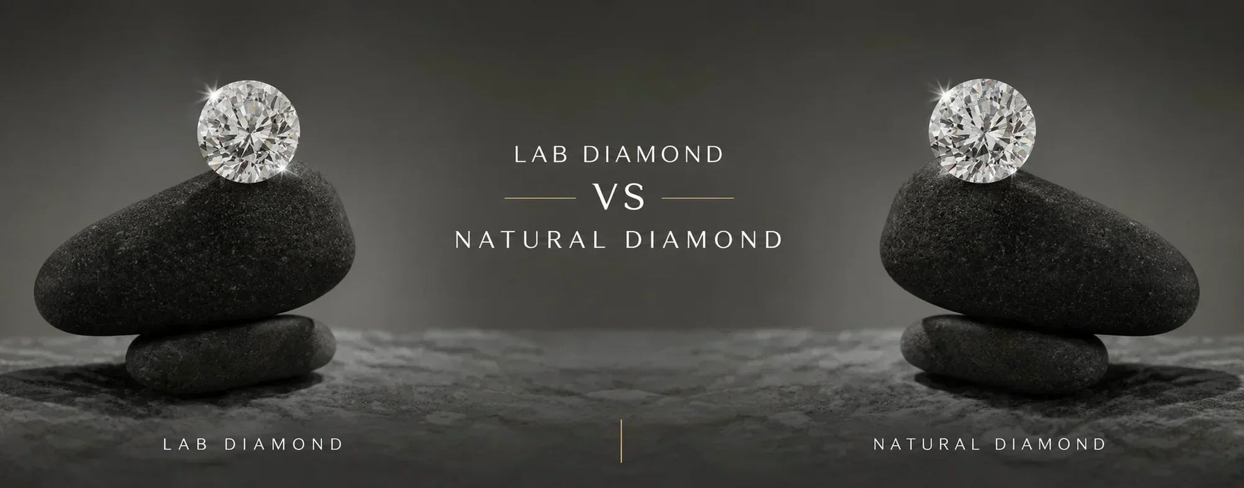 Hero banner comparing lab-grown and natural diamonds, featuring a rose gold diamond engagement ring on a marble pedestal with elegant typography for a complete lab-grown vs natural diamond buying guide.