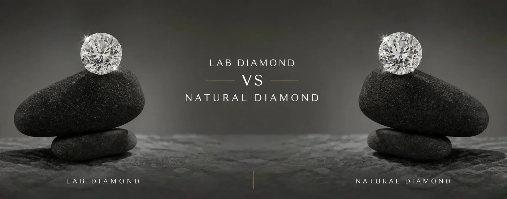 Hero banner comparing lab-grown and natural diamonds, featuring a rose gold diamond engagement ring on a marble pedestal with elegant typography for a complete lab-grown vs natural diamond buying guide.