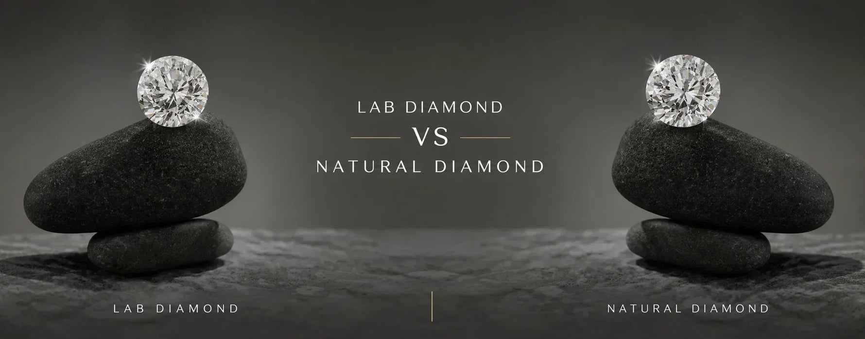 Hero banner comparing lab-grown and natural diamonds, featuring a rose gold diamond engagement ring on a marble pedestal with elegant typography for a complete lab-grown vs natural diamond buying guide.