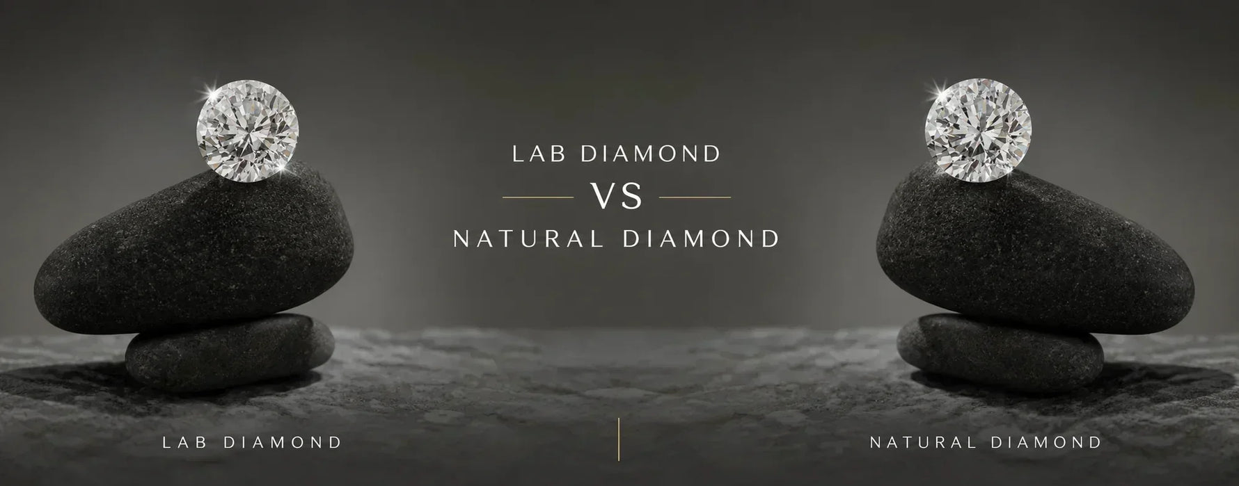 Hero banner comparing lab-grown and natural diamonds, featuring a rose gold diamond engagement ring on a marble pedestal with elegant typography for a complete lab-grown vs natural diamond buying guide.