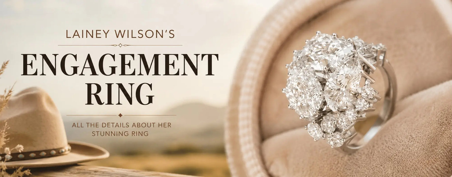 Lainey Wilson wearing a western-inspired outfit while showing her sparkling yellow gold diamond engagement ring in a warm rustic editorial banner.