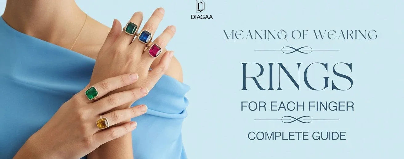 Light sky blue background, hands of woman wearing a rings in all fingers, woman wearing blue crop top, text is include "Meaning of wearing rings for each each finger, a complete guide