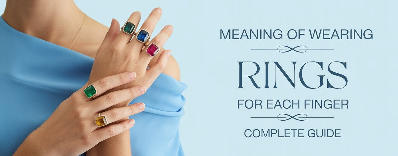 Light sky blue background, hands of woman wearing a rings in all fingers, woman wearing blue crop top, text is include "Meaning of wearing rings for each each finger, a complete guide