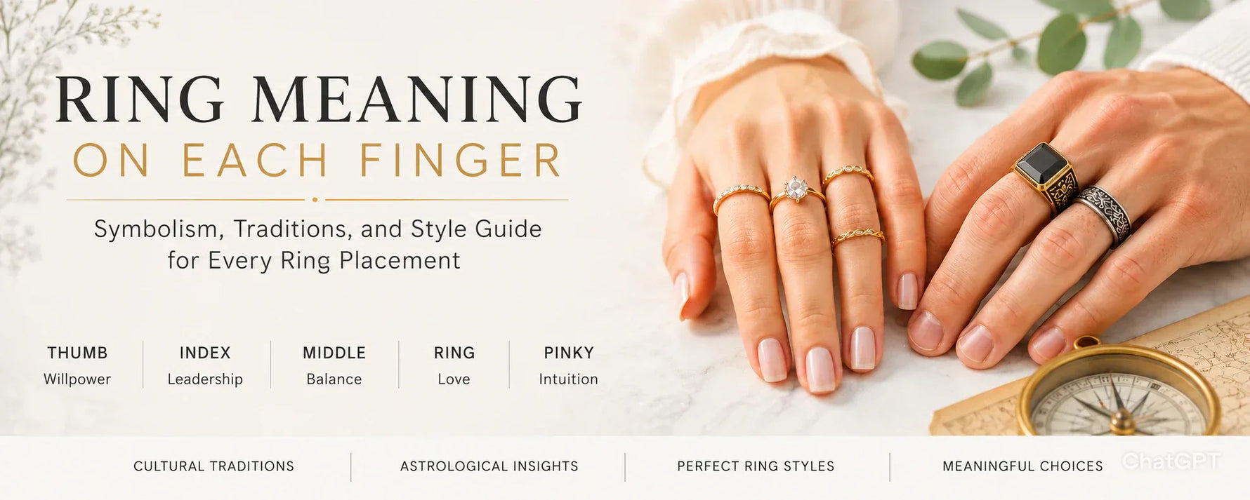 “Ring Meaning on Each Finger,” with a clean modern layout explaining ring placement meanings for the thumb, index, middle, ring, and pinky fingers.