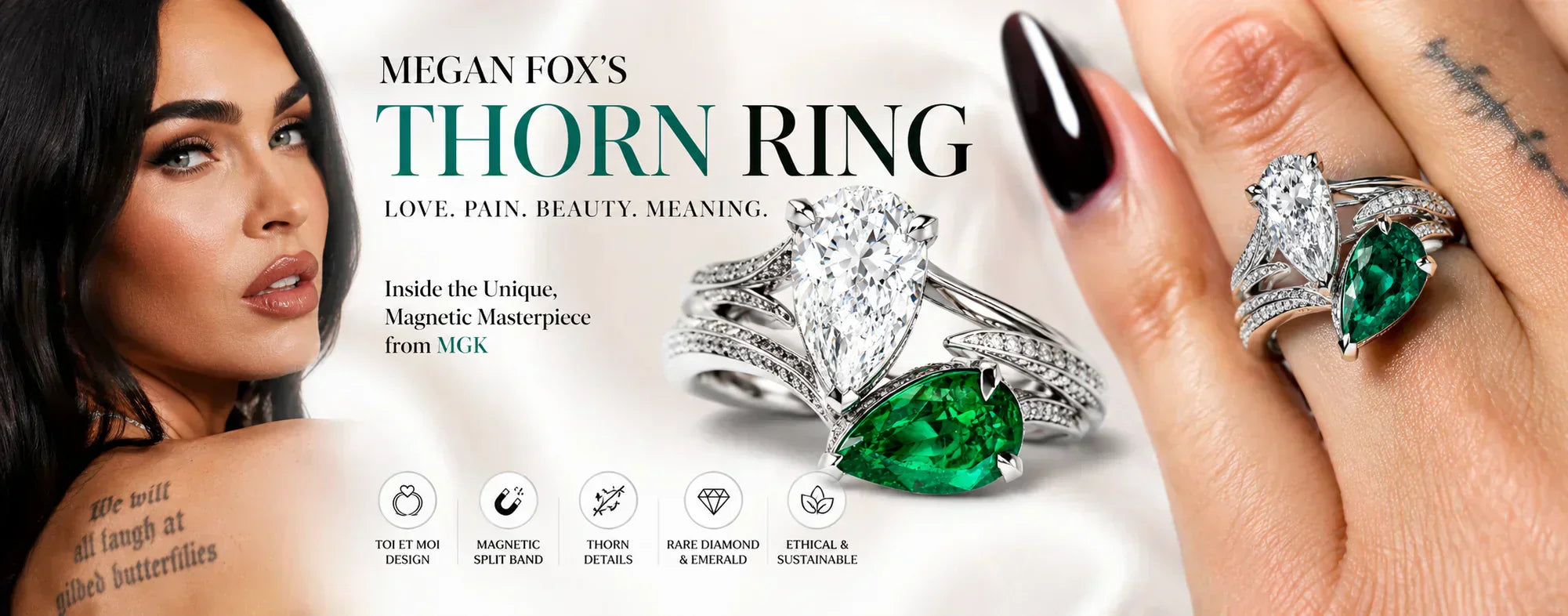 Megan Fox engagement ring featuring a pear-shaped diamond and Colombian emerald in a custom magnetic Toi et Moi design by MGK and Stephen Webster