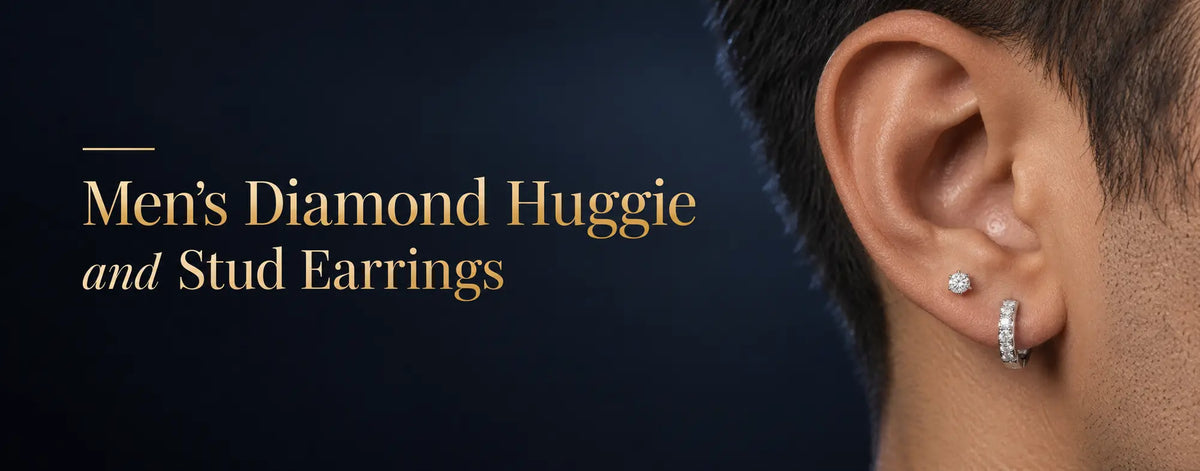 Luxury close-up of a man wearing diamond huggie and stud earrings, illustrating men’s diamond huggie vs stud earrings.