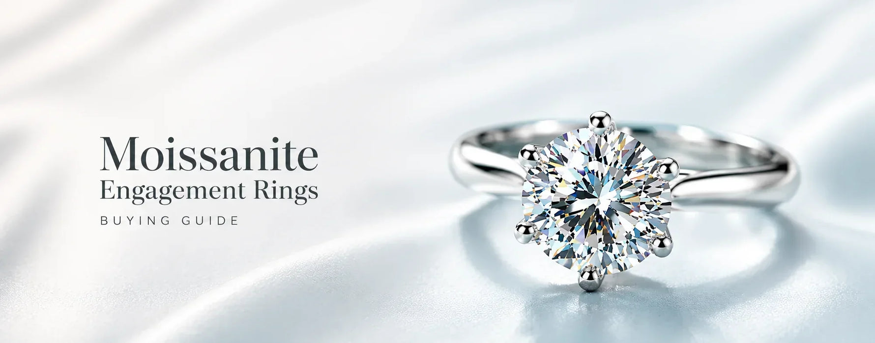 Hero banner for a Moissanite Engagement Rings Buying Guide featuring a round brilliant moissanite solitaire engagement ring in a six-prong white gold setting on a soft blue background with elegant typography.