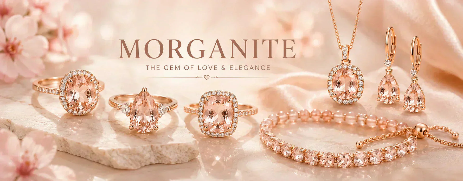 Morganite jewelry collection featuring engagement rings, necklaces, earrings, and bracelets with blush pink gemstones in elegant rose gold settings.
