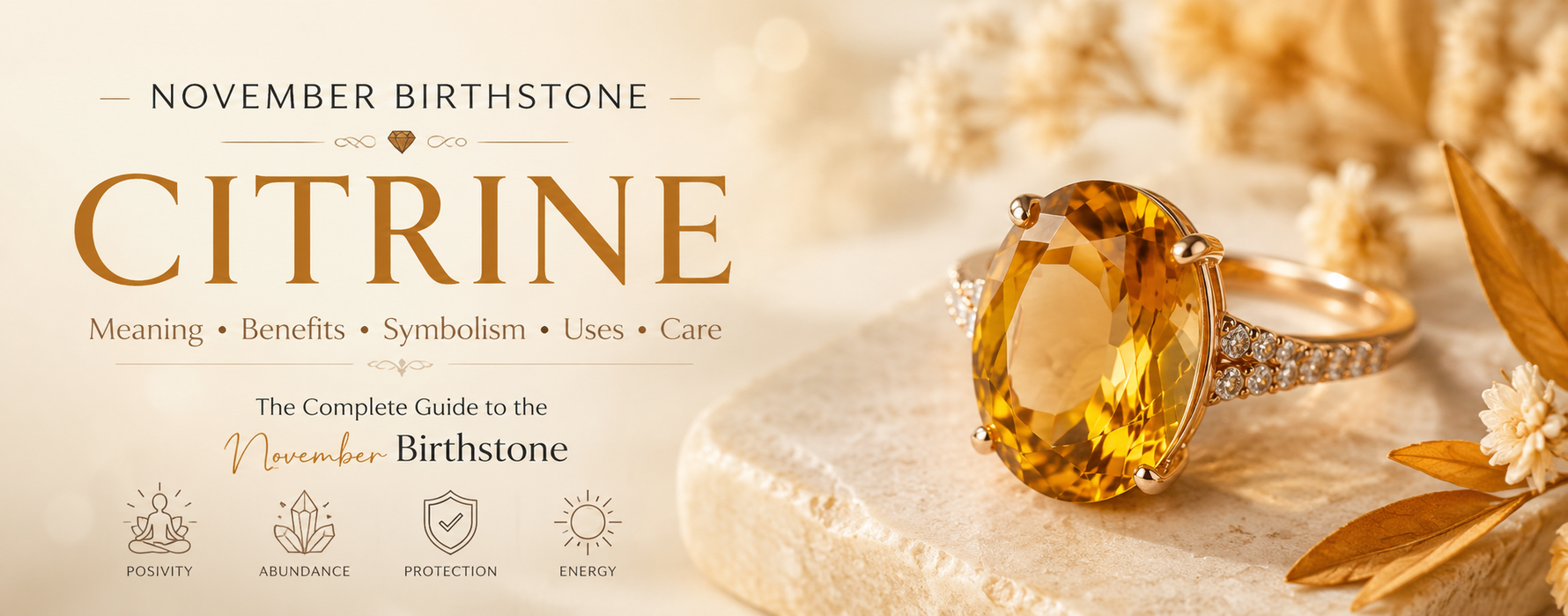 Infographic showing the benefits of Citrine including attracting abundance, boosting confidence, improving mental clarity, and promoting overall well-being.