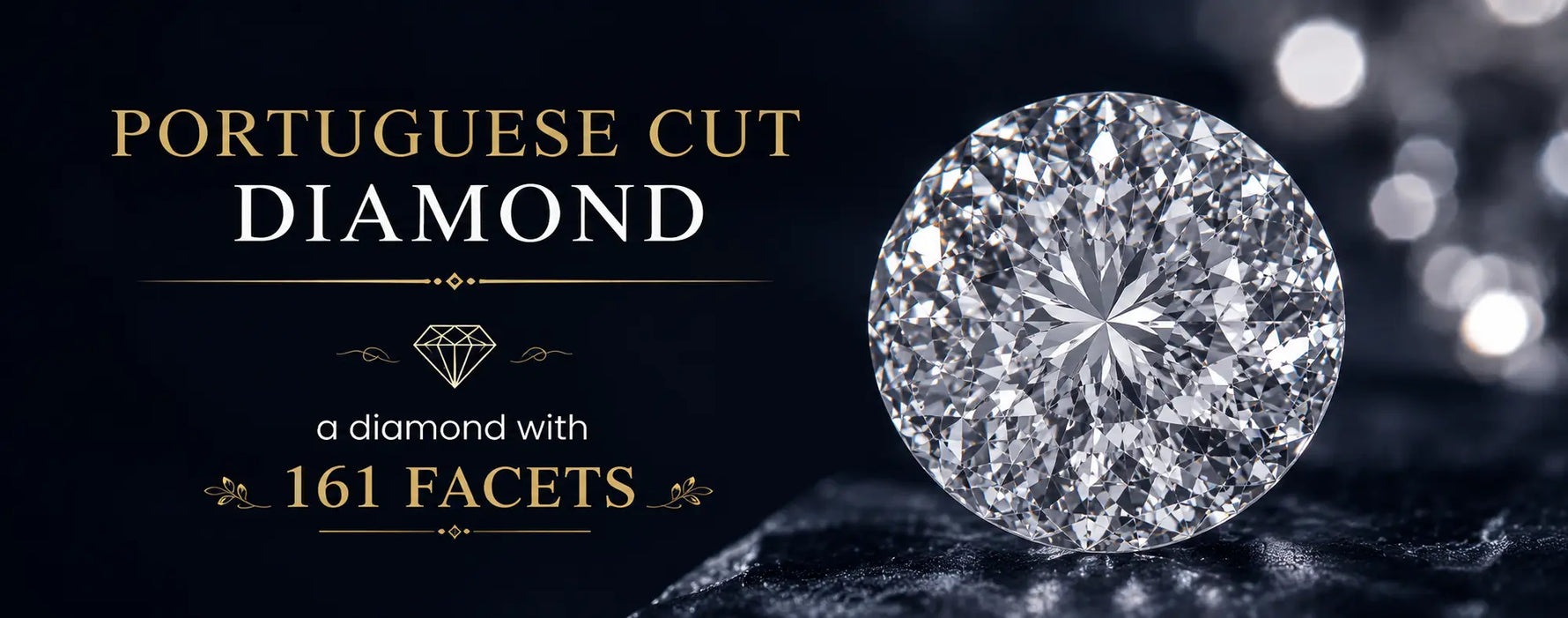 Portuguese cut diamond featuring 161 facets displayed on a dark blue luxury background, highlighting the intricate faceting pattern and exceptional sparkle of this rare diamond cut.