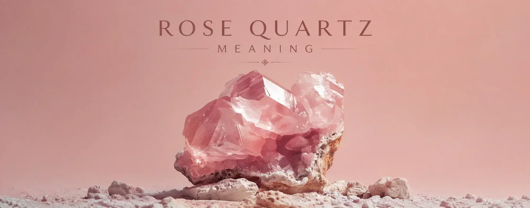 Rose quartz meaning hero image featuring a large natural pink rose quartz crystal cluster on a soft blush background with minimal “Rose Quartz Meaning” typography.