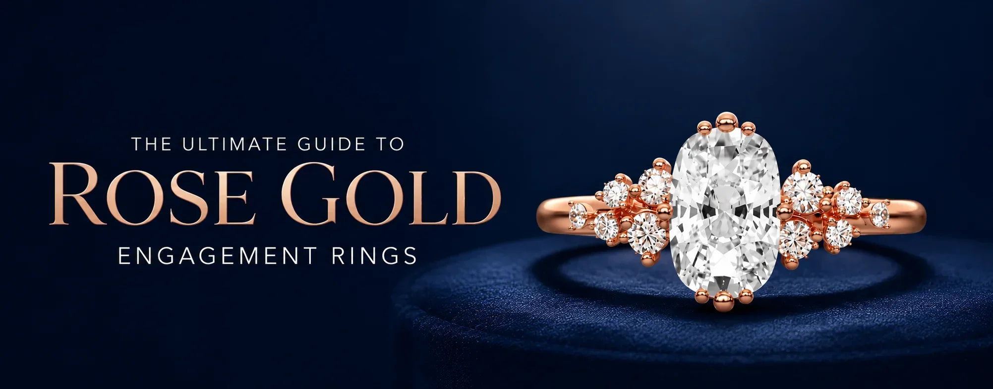 Luxury rose gold engagement ring guide hero banner featuring an oval diamond floral engagement ring on a dark blue background with the text 'The Ultimate Guide to Rose Gold Engagement Rings.'